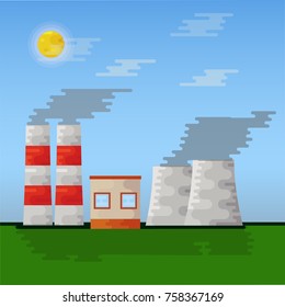 Nuclear station vector illustration. Flat icons. The landscape in the afternoon.