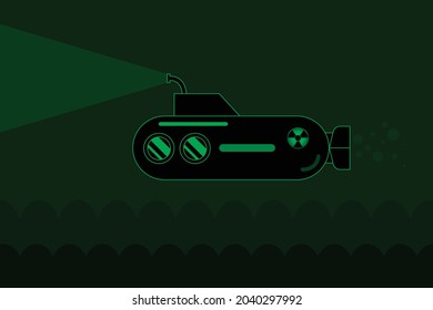 Nuclear Submarine black green outline sailing in the dark with light underneath underwater waves