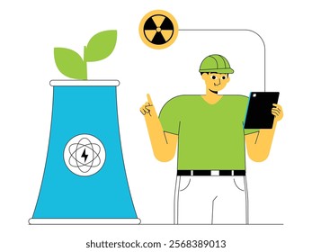 Nuclear technician operates nuclear power plant as an environmentally friendly energy reserve, green energy vector illustration.