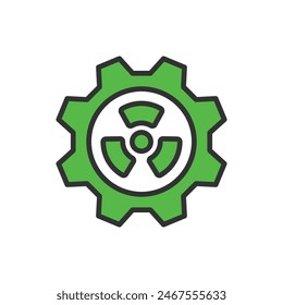 Nuclear Technology, in line design, green. Nuclear, Technology, Reactor, Energy, Power, Fusion, Fission on white background vector. Nuclear Technology editable stroke icon.