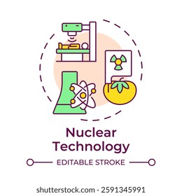 Nuclear technology multi color concept icon. Practical applications of radioactive processes and materials. Round shape line illustration. Abstract idea. Graphic design. Easy to use in booklet