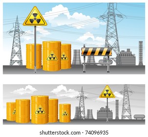 nuclear territory, radioactive waste, pollution environment, vector illustration
