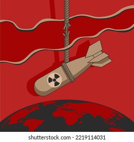 Nuclear terror danger - probability of atomic warhead attack. Radioactive bomb hanging on torn rope