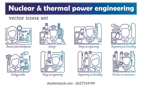 Conjunto vetorial de ícones de engenharia de energia nuclear e térmica