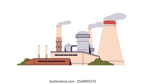 Nuclear or Thermal power plant with smoke exhaust, tubes. Station building for energy production. Factory with chimneys. Heavy industry, manufacturing. Flat isolated vector illustration on white