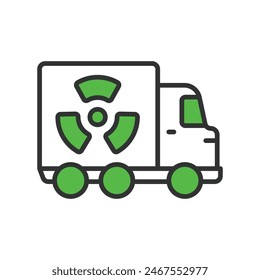 Nuclear Transport and Logistics, in line design, green. Nuclear, Transport, Logistics, Safety, Container, Radiation, Shipment on white background vector. Nuclear Transportation editable stroke icon.