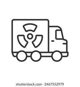 Nuclear Transport and Logistics, in line design. Nuclear, Transport, Logistics, Safety, Container, Radiation, Shipment on white background vector. Nuclear Transportation editable stroke icon.