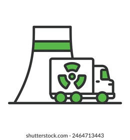 Nuclear transportation, in line design, green. Nuclear, Transportation, Safety, Cargo, Truck, Radioactive, Hazardous, on white background vector. Nuclear transportation editable stroke icon.