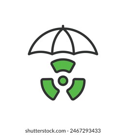 Nuclear umbrella, in line design, green. Nuclear, Umbrella, Protection, Shield, Safety, Defense, Security on white background vector. Nuclear editable stroke icon.