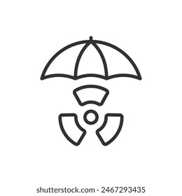 Nuclear umbrella, in line design. Nuclear, Umbrella, Protection, Shield, Safety, Defense, Security on white background vector. Nuclear editable stroke icon.