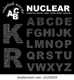 NUCLEAR. Vector letter collection. Illustration with different association terms.