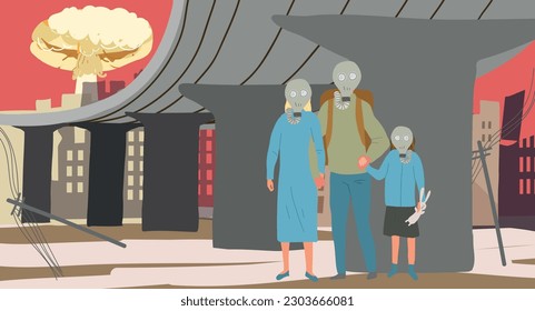 Nuclear war background with cataclysm and radiation symbols flat vector ilustration
