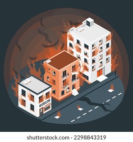 Nuclear war concept. Explosion of nuclear bomb. Apocalyptic view of city downtown after bombing. Night scene. City destroyed by war. Concept of war, natural disasters, judgment day, fire, nuclear.