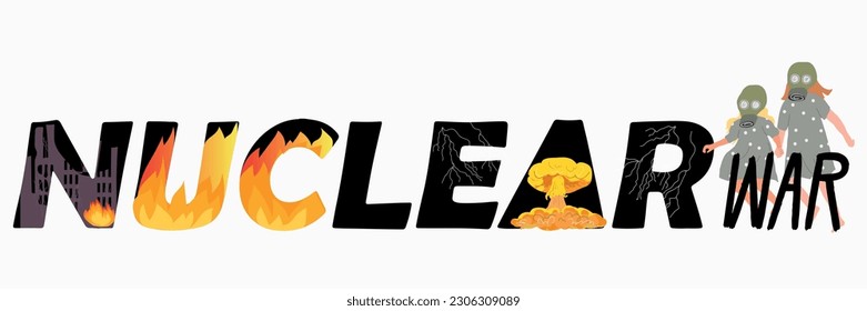 Nuclear war concept with text and collapse symbols flat vector ilustration