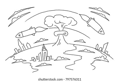 Nuclear war hand-drawn sketch. Nuclear weapons. Bombs of a rocket fly over the planet. Hand drawn vector stock illustration.