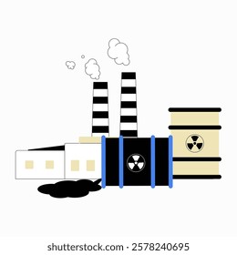 Nuclear Waste Barrels And Polluted Factory In Flat Vector Illustration Symbolizing Environmental Pollution, Industrial Waste, And Toxic Contamination, Isolated On White Background