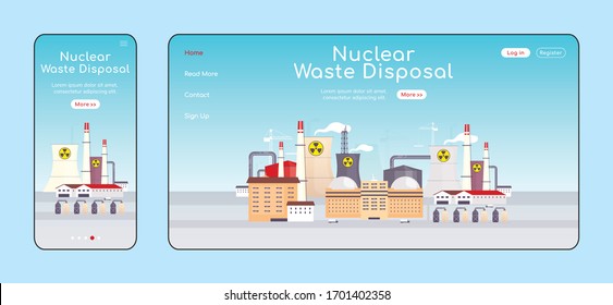 Nuclear Waste Disposal Adaptive Landing Page Flat Color Vector Template. Atomic Stations Mobile And PC Homepage Layout. Chemical Processing Factory One Page Website UI. Webpage Cross Platform Design