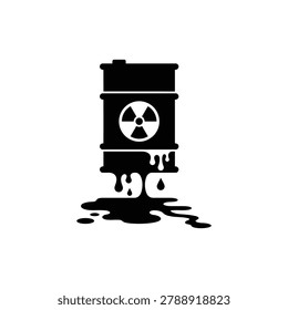Nuclear waste leaching barrel icon, vector illustration. Black filled nuclear waste leaching barrel icon isolated on a white background, illustrating environmental containment concerns and waste management processes.