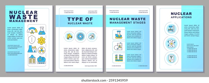 Nuclear waste management blue brochure template. Treatment, storage, disposal of radioactive supplies. Leaflet design with linear icons. Editable 4 vector layouts