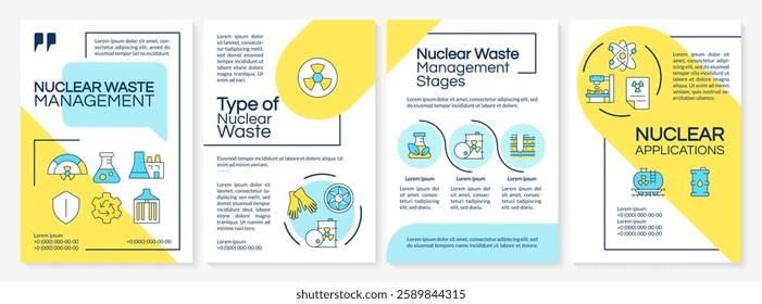 Nuclear waste management blue and yellow brochure template. Radioactive supplies utilization. Leaflet design with linear icons. Editable 4 vector layouts