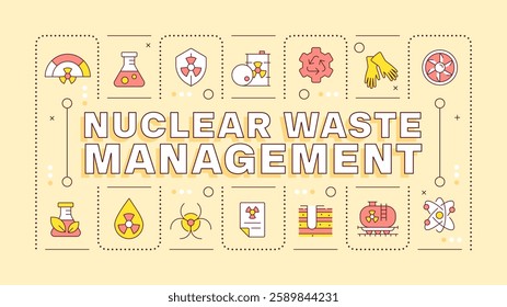 Nuclear waste management light yellow word concept. Radioactive material treatment and storage. Typography banner. Vector illustration with title text, editable icons color