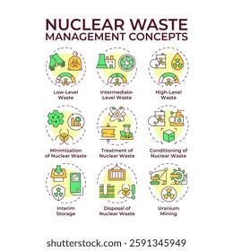 Nuclear waste management multi color concept icons. Radioactive materials treatment techniques. Environment care. Icon pack. Vector images. Round shape illustrations for presentation. Abstract idea