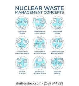 Nuclear waste management soft blue concept icons. Radioactive materials treatment techniques. Environment care. Icon pack. Vector images. Round shape illustrations for presentation. Abstract idea