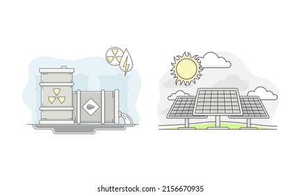 Nuclear waste, refined products and solar battery generating pure electricity. Ecology and environment protection. Alternative renewable energy sources vector illustration