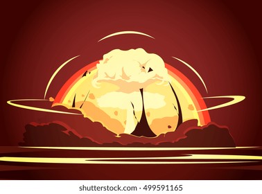 Nuclear weapon desert test retro cartoon poster with rising radioactive heated bright yellow mushroom cloud vector illustration 
