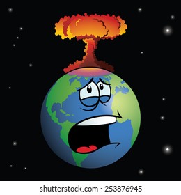 A nuclear weapon exploding on cartoon Earth, forming a mushroom cloud.