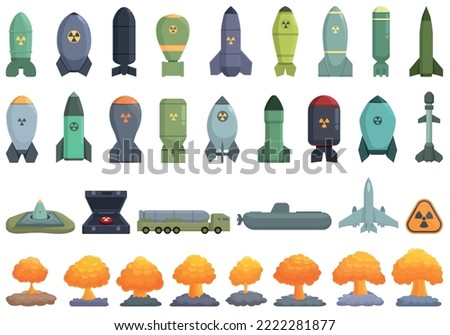 Nuclear weapon icons set cartoon vector. Military ship. Army weapon