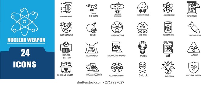 Conjunto de ícones editáveis da linha de armas nucleares. Contém ícones relacionados a Nuclear, átomo, radioativo, radiação, usina nuclear, bomba e muito mais. Ilustração vetorial. Traçado editável