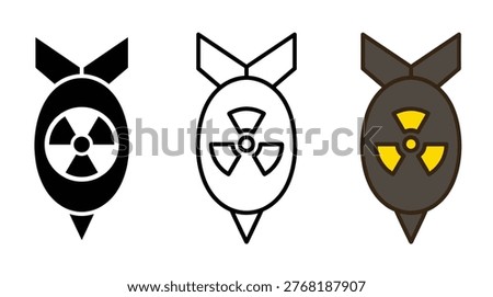 Nuclear weapon military icon set in solid, outline, and flat styles for warfare, destruction, blast, danger, and fallout,