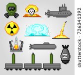 Nuclear weapons icons set. Pixel art. Old school computer graphic style. Games elements.