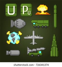 Nuclear weapons icons set. Pixel art. Old school computer graphic style. Games elements.