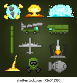 Nuclear weapons icons set. Pixel art. Old school computer graphic style. Games elements.