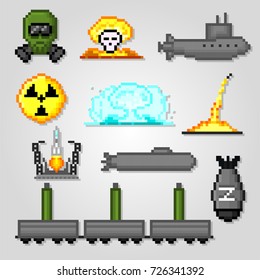 Nuclear weapons icons set. Pixel art. Old school computer graphic style. Games elements.