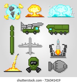 Nuclear weapons icons set. Pixel art. Old school computer graphic style. Games elements.