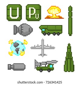 Nuclear weapons icons set. Pixel art. Old school computer graphic style. Games elements.