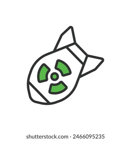 Nuclear weapons, in line design, green. Nuclear, Weapons, Bomb, Missile, Explosion, Warhead, Atomic on white background vector. Nuclear weapons editable stroke icon.