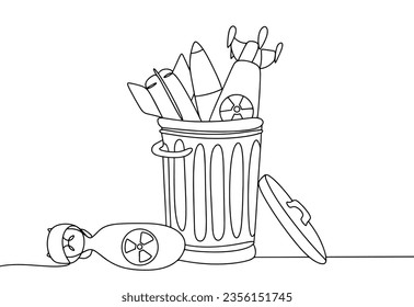 Nuclear weapons thrown into the trash can. Refusal to use nuclear weapons throughout the world. World peace. International Day for the Total Elimination of Nuclear Weapons. One line drawing.