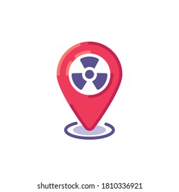 Icono plano de posición de zona nuclear, signo vectorial, punto de mapa, pictograma colorido de zona radiactiva aislado en blanco. Símbolo, ilustración del logotipo. Diseño de estilo plano