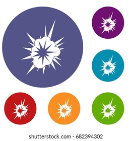 Nucleate explosion icons set in flat circle red, blue and green color for web