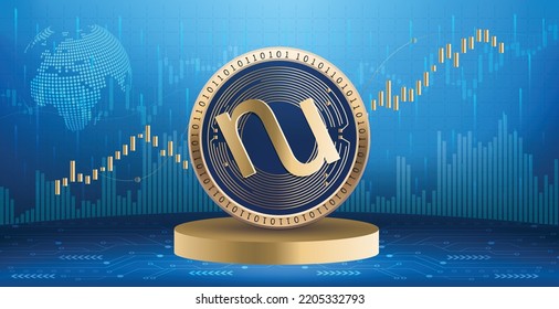 NuCypher NU crypto currency coin logo and symbol over financial infographic background. Futuristic technology vector illustration banner and wallpaper 