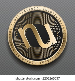 NuCypher (NU) cryptocurrency golden coin isolated in transparent background. Virtual currency token symbol vector illustration based on cryptography and block chain technology.