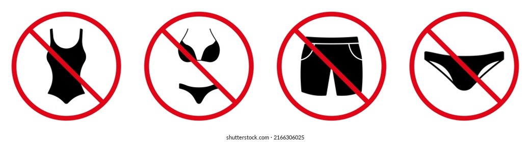 Nude Beach Summer Silhouette Sign Set. Forbidden Enter in Bikini Swimwear Short Trunks Two Piece Swimsuit Pictogram. Warning Women Men Underwear Red Stop Circle Symbol. Isolated Vector Illustration.
