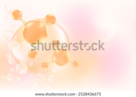 Nude beige 3d glass molecule, collagen formula, with light pink watercolor background. Hyaluronic acid serum chemical formula backdrop with copy space. Beauty treatment nutrition wallpaper