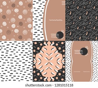 Nude and black seamless background and template for text. Seamless circle dots pattern. Nude pattern. Template for text for a beauty salon. Sertificate of beauty salon