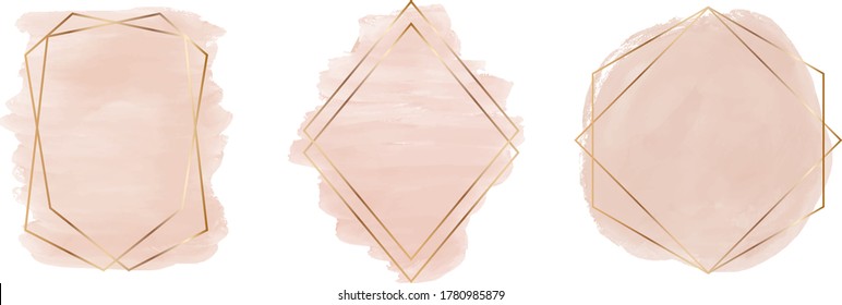 Nude brush stroke watercolor with geometric polygonal golden lines frames. Splashes Clipart. Abstract washes. 