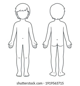 Nude child body chart, front and back view. Blank unisex children body template for medical infographic. Isolated vector illustration.